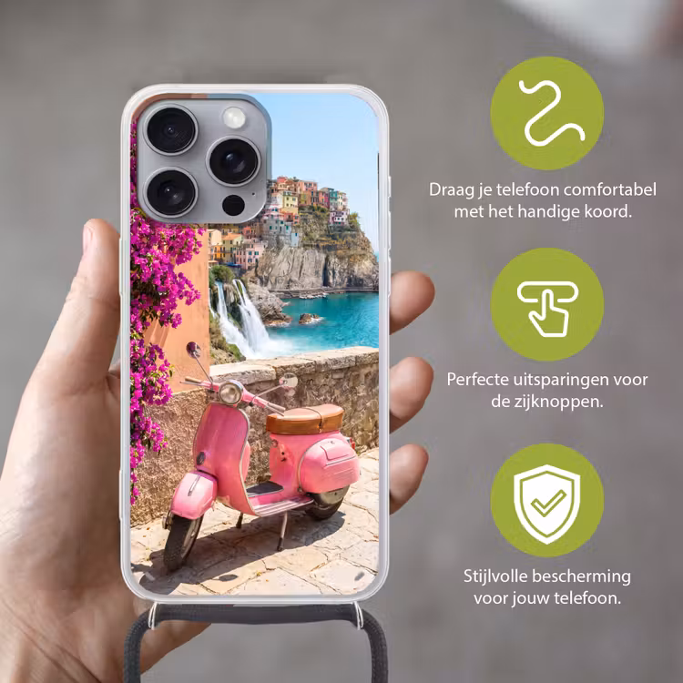 Voertuig - Roze - Kust - Zomer - Reizen Hoesje iPhone 16 Pro Max met koord klein -sfeer2_NL