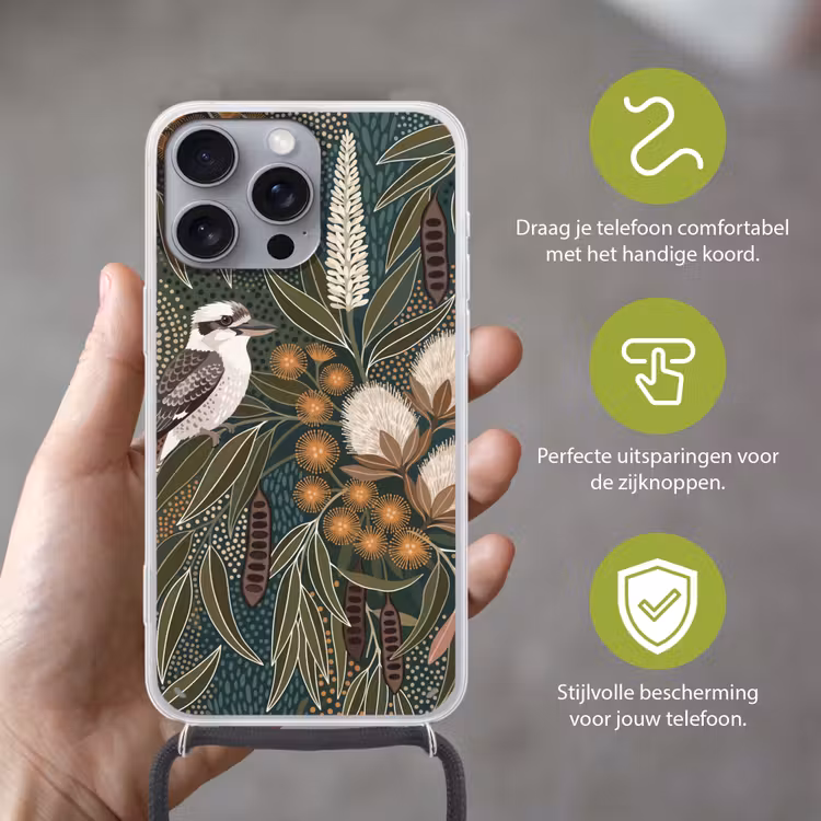 Vogel - Bladeren - Natuur - Illustratie - Groen Hoesje iPhone 16 Pro Max met koord klein -sfeer2_NL