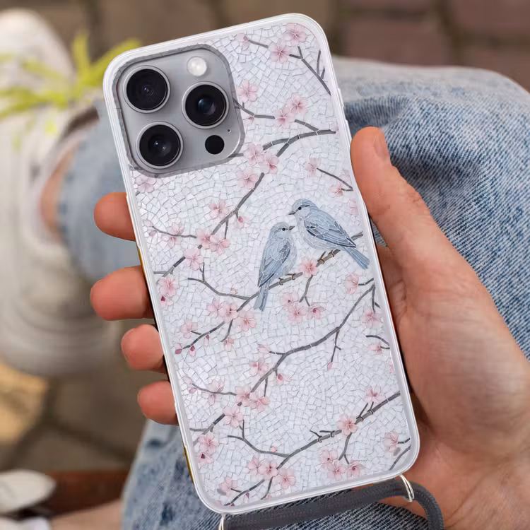 Vogel - Bloemen - Natuur - Mozaïek - Roze Hoesje iPhone 16 Pro Max met koord klein -sfeer3