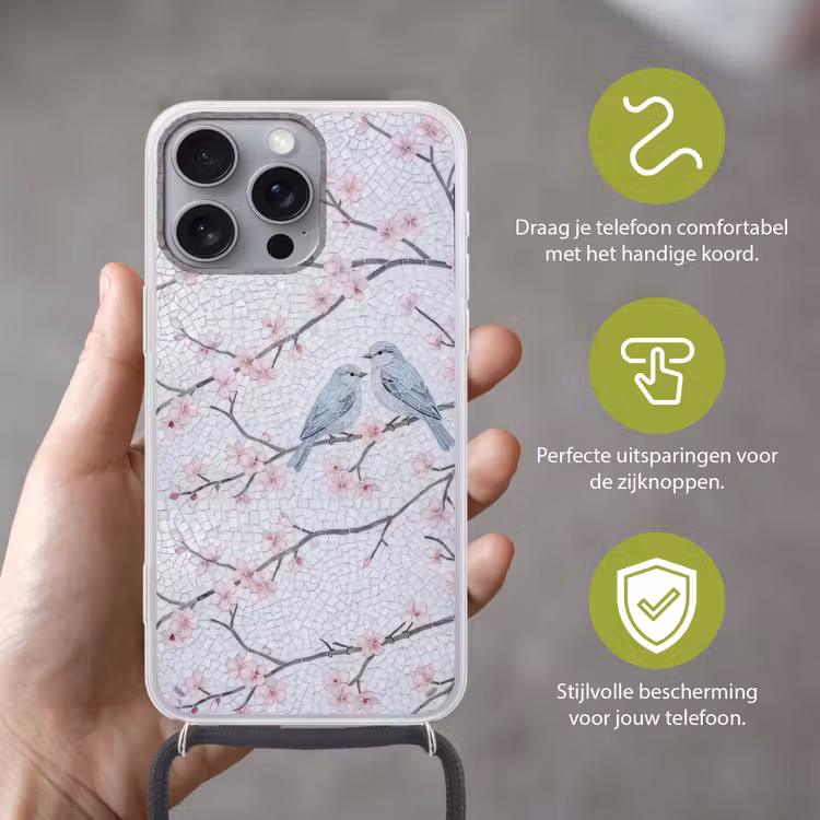 Vogel - Bloemen - Natuur - Mozaïek - Roze Hoesje iPhone 16 Pro Max met koord klein -sfeer2_NL