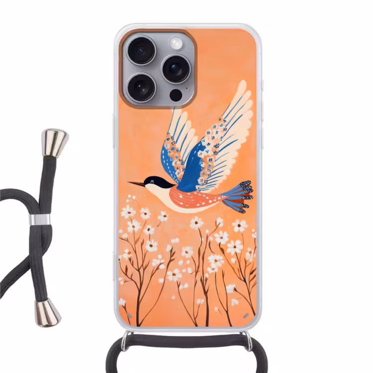 Vogel - Bloesemtakken - Warm - Kleurrijk Hoesje iPhone 16 Pro Max met koord klein -3d
