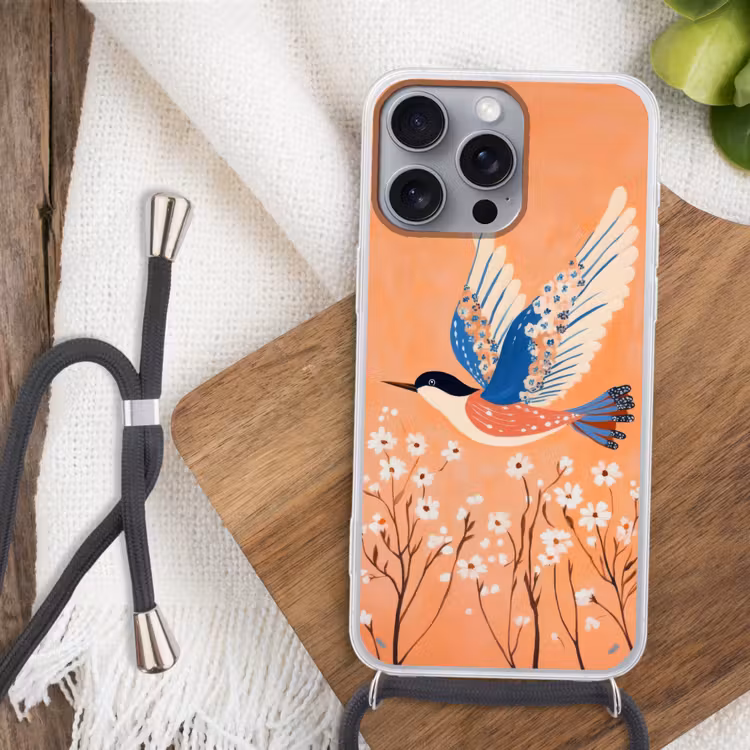 Vogel - Bloesemtakken - Warm - Kleurrijk Hoesje iPhone 16 Pro Max met koord klein -sfeer4
