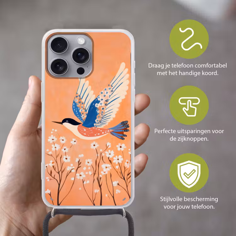 Vogel - Bloesemtakken - Warm - Kleurrijk Hoesje iPhone 16 Pro Max met koord klein -sfeer2_NL
