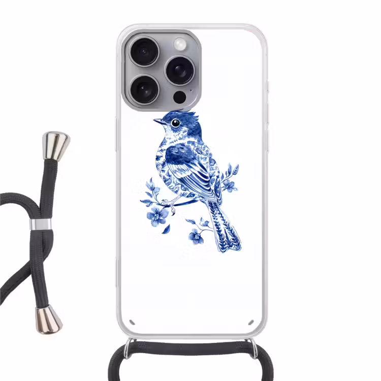 Vogel - Delfts blauw - Illustratie - Bloemen Hoesje iPhone 16 Pro Max met koord klein -3d