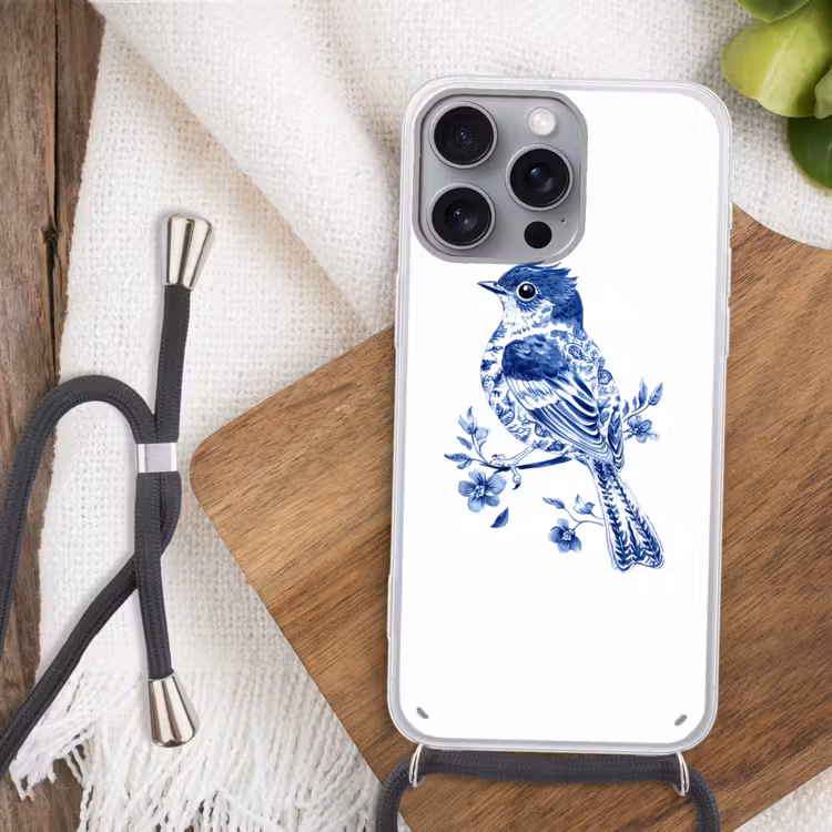 Vogel - Delfts blauw - Illustratie - Bloemen Hoesje iPhone 16 Pro Max met koord klein -sfeer4