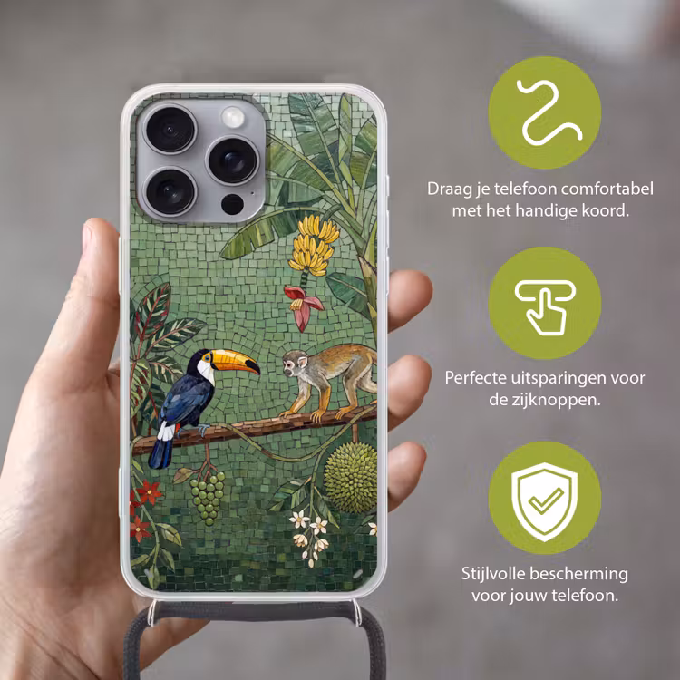 Vogel - Dier - Jungle - Mozaïek - Natuur Hoesje iPhone 16 Pro Max met koord klein -sfeer2_NL