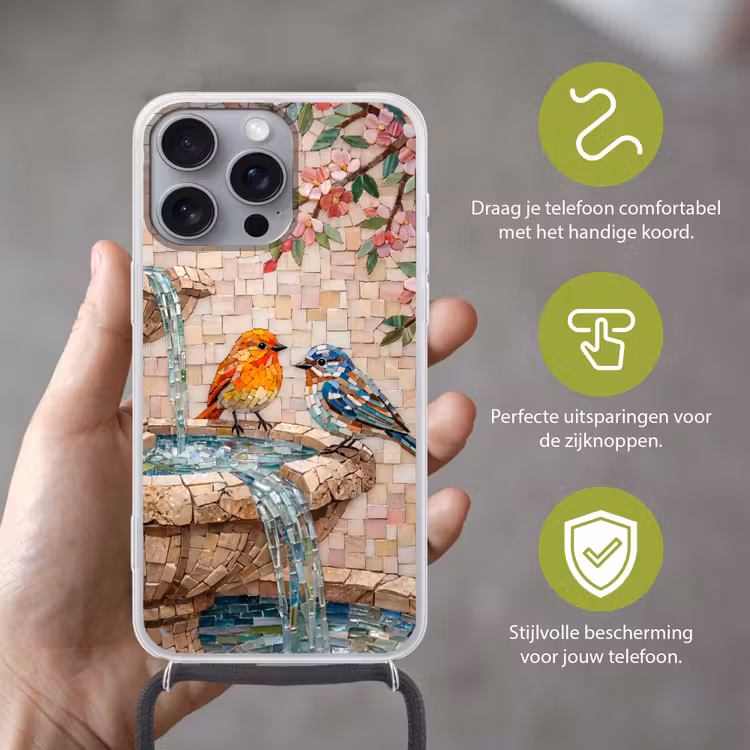 Vogel - fontein - mozaiek - kleurrijk - dieren Hoesje iPhone 16 Pro Max met koord klein -sfeer2_NL