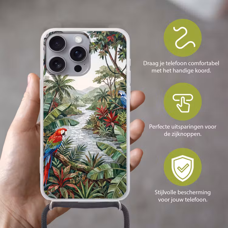 Vogel - Jungle - Natuur - Mozaïek - Groen Hoesje iPhone 16 Pro Max met koord klein -sfeer2_NL