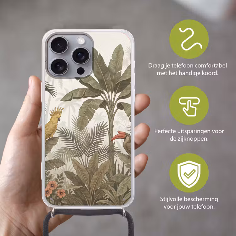 Vogel - Jungle - Tropisch - Illustratie - Groen Hoesje iPhone 16 Pro Max met koord klein -sfeer2_NL