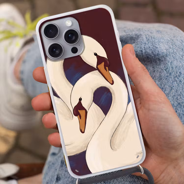 Vogel - Koppel - Liefde - Abstract - Wit Hoesje iPhone 16 Pro Max met koord klein -sfeer3