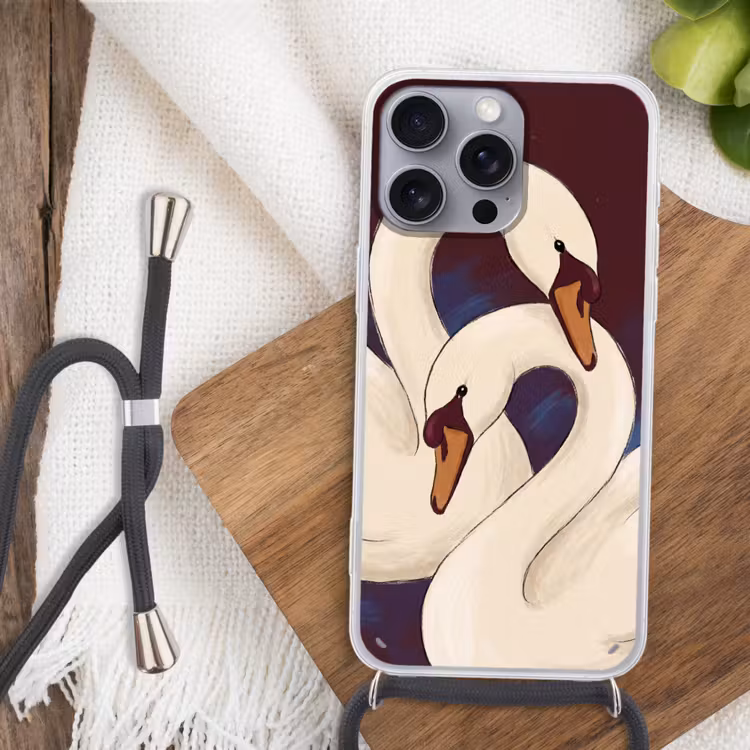 Vogel - Koppel - Liefde - Abstract - Wit Hoesje iPhone 16 Pro Max met koord klein -sfeer4