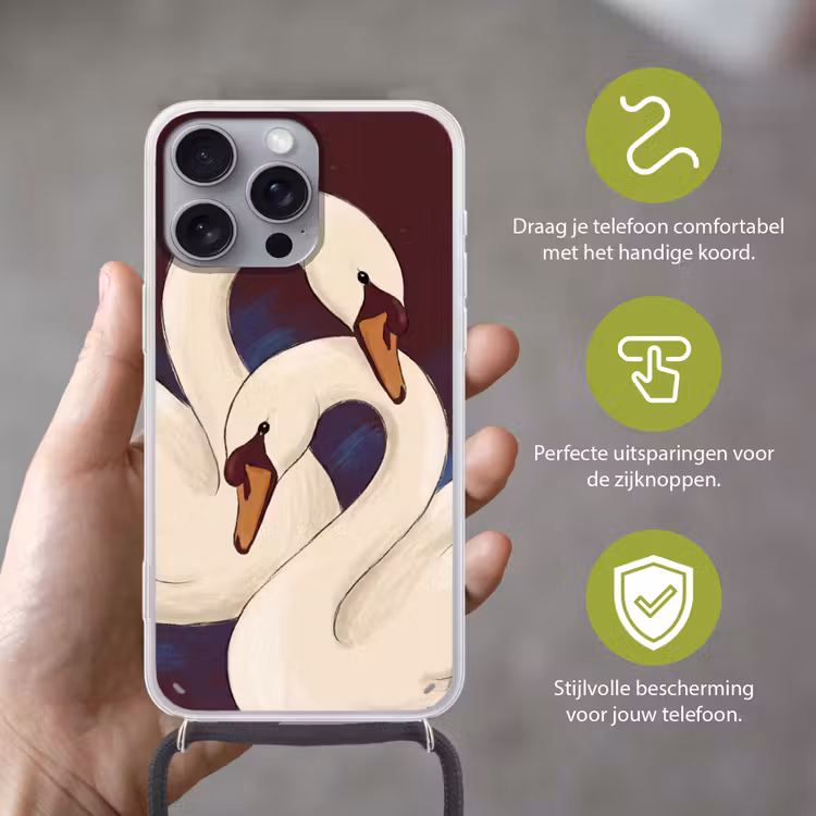 Vogel - Koppel - Liefde - Abstract - Wit Hoesje iPhone 16 Pro Max met koord klein -sfeer2_NL