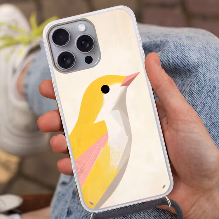 Vogel - Minimalistisch - Geel Hoesje iPhone 16 Pro Max met koord klein -sfeer3