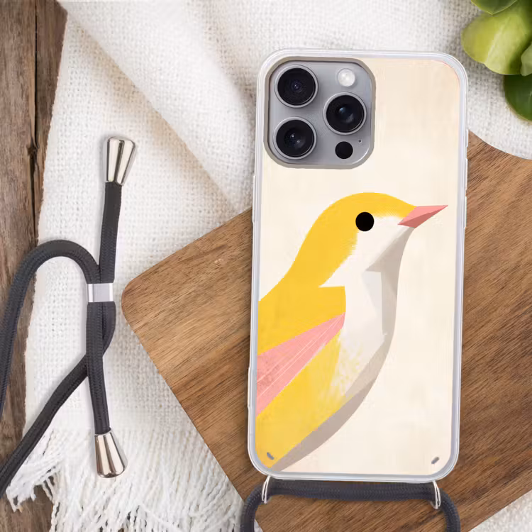 Vogel - Minimalistisch - Geel Hoesje iPhone 16 Pro Max met koord klein -sfeer4