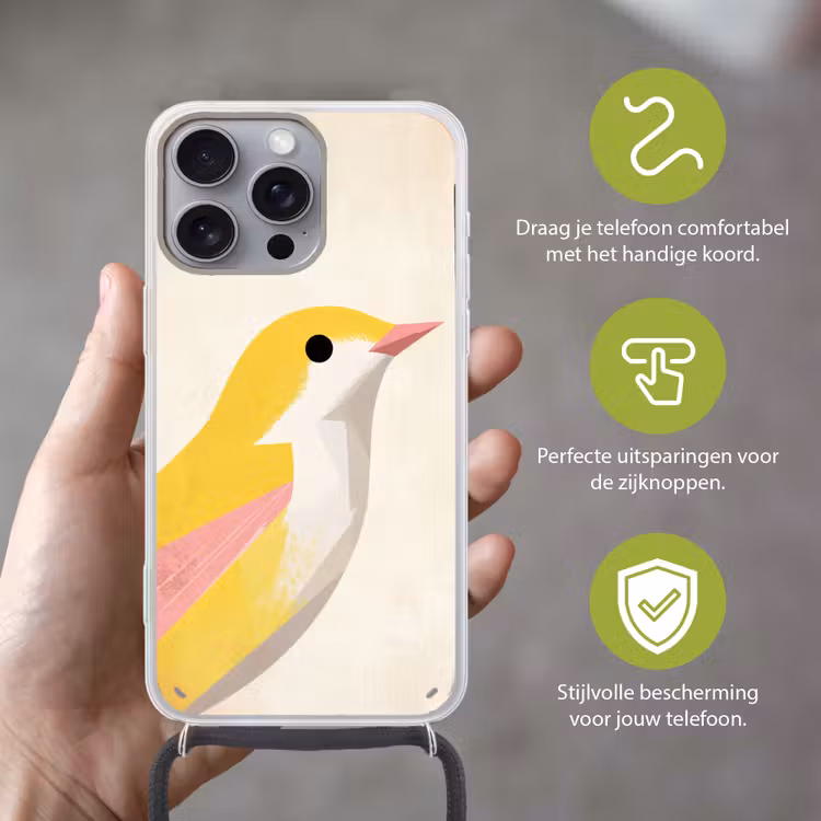 Vogel - Minimalistisch - Geel Hoesje iPhone 16 Pro Max met koord klein -sfeer2_NL