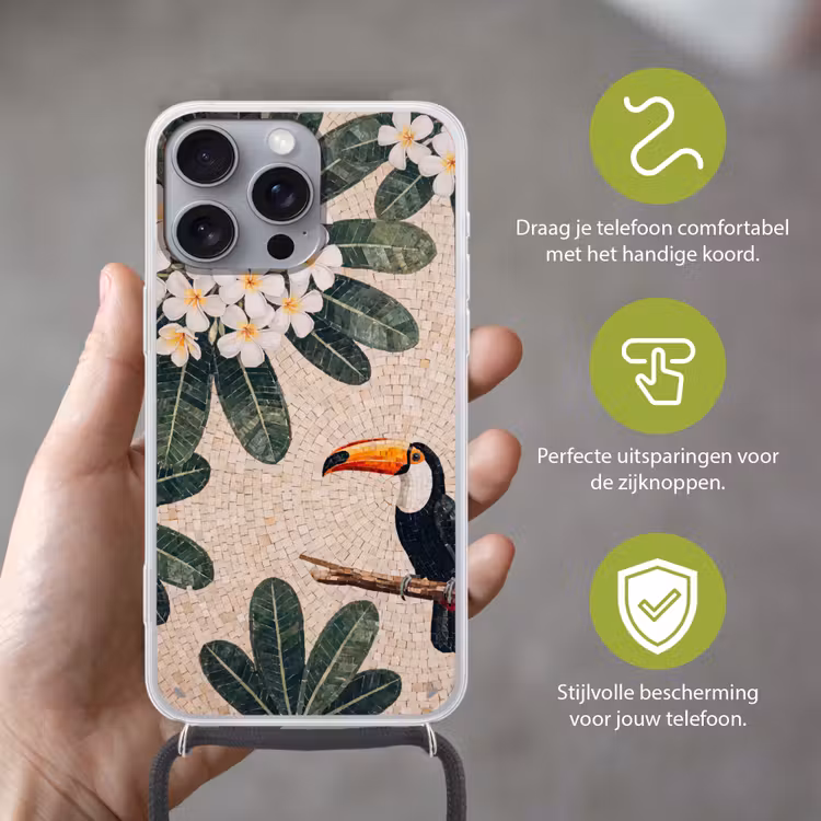 Vogel - Mozaïek - Tropisch - Natuur - Kleurrijk Hoesje iPhone 16 Pro Max met koord klein -sfeer2_NL