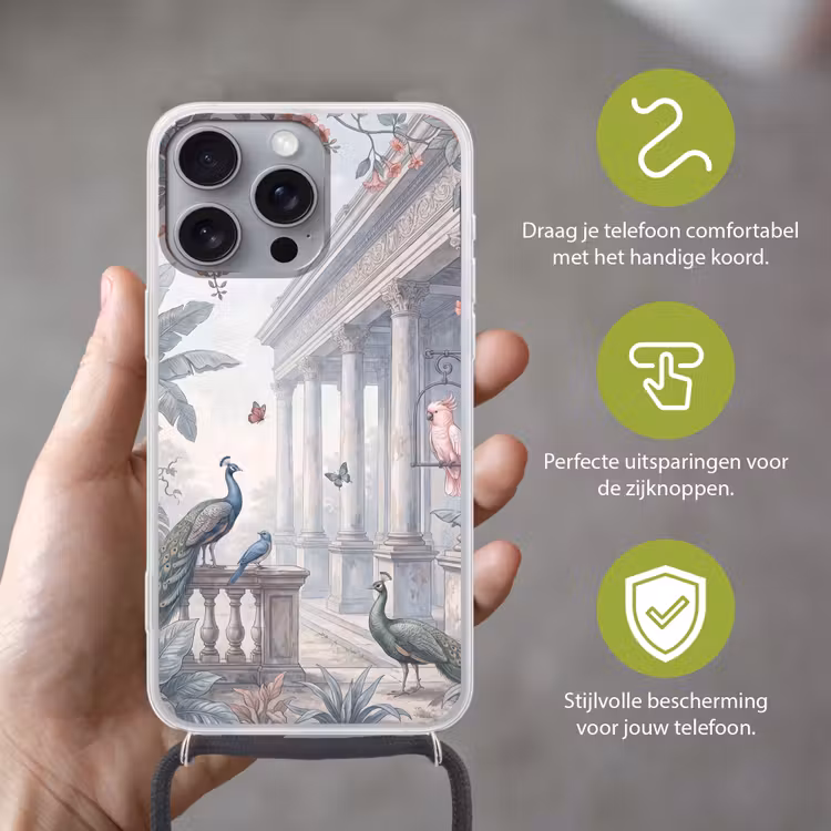 Vogel - Pauw - Architectuur - Klassiek - Groen Hoesje iPhone 16 Pro Max met koord klein -sfeer2_NL
