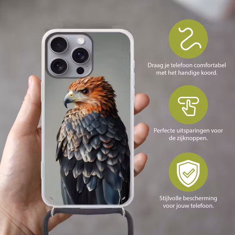 Vogel - Realistisch - Veren - Bruin Hoesje iPhone 16 Pro Max met koord klein -sfeer2_NL