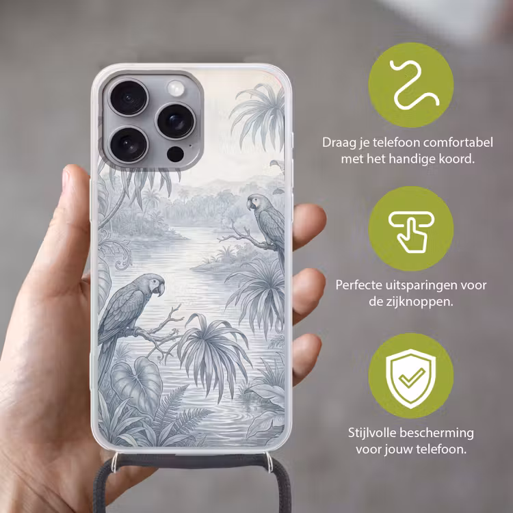 Vogel - Rivier - Tropisch - Illustratie - Blauw Hoesje iPhone 16 Pro Max met koord klein -sfeer2_NL