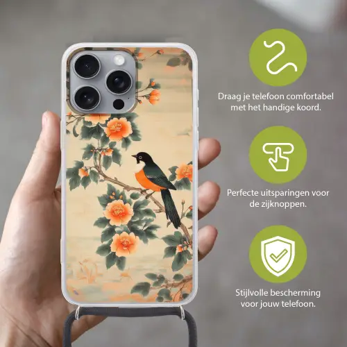 Vogel - Tak - Bloemen - Oranje Hoesje iPhone 16 Pro Max met koord klein -sfeer2_NL
