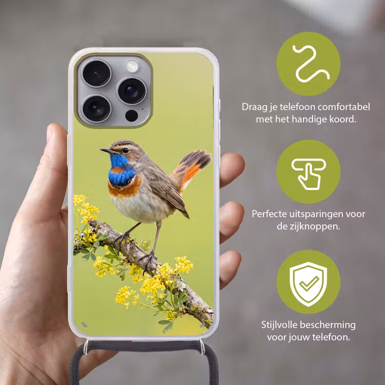 Vogel - Tak - Natuur - Kleurrijk Hoesje iPhone 16 Pro Max met koord klein -sfeer2_NL