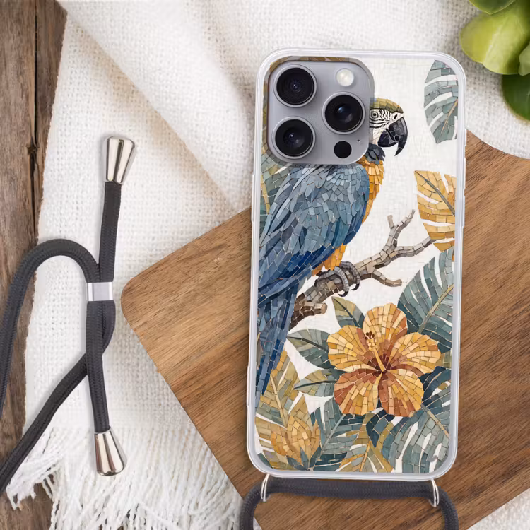 Vogel - Tak - Natuur - Mozaïek - Blauw Hoesje iPhone 16 Pro Max met koord klein -sfeer4