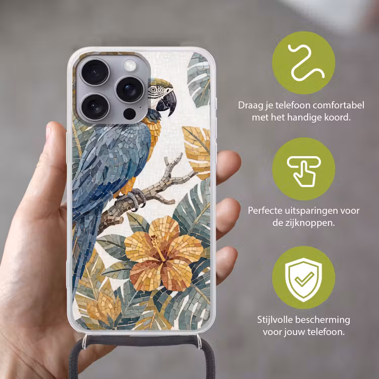 Vogel - Tak - Natuur - Mozaïek - Blauw Hoesje iPhone 16 Pro Max met koord klein -sfeer2_NL