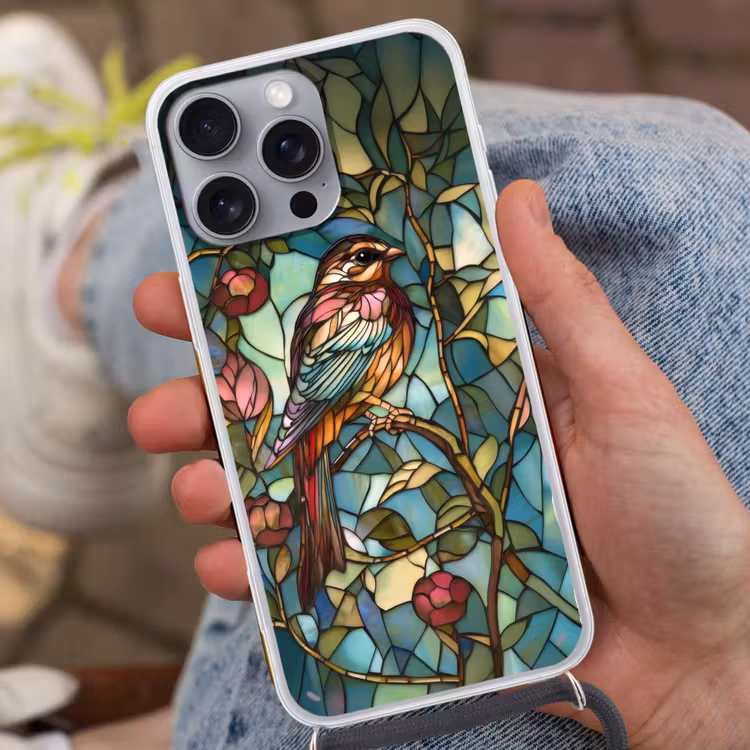 Vogel - Tak - Rozen - Mozaïek Hoesje iPhone 16 Pro Max met koord klein -sfeer3
