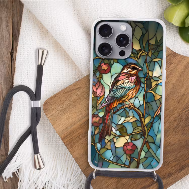Vogel - Tak - Rozen - Mozaïek Hoesje iPhone 16 Pro Max met koord klein -sfeer4