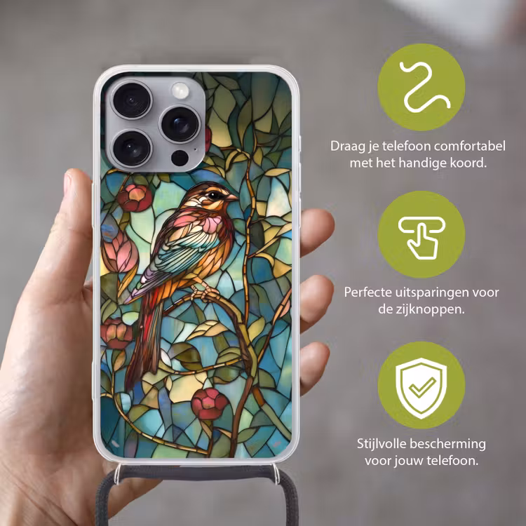 Vogel - Tak - Rozen - Mozaïek Hoesje iPhone 16 Pro Max met koord klein -sfeer2_NL