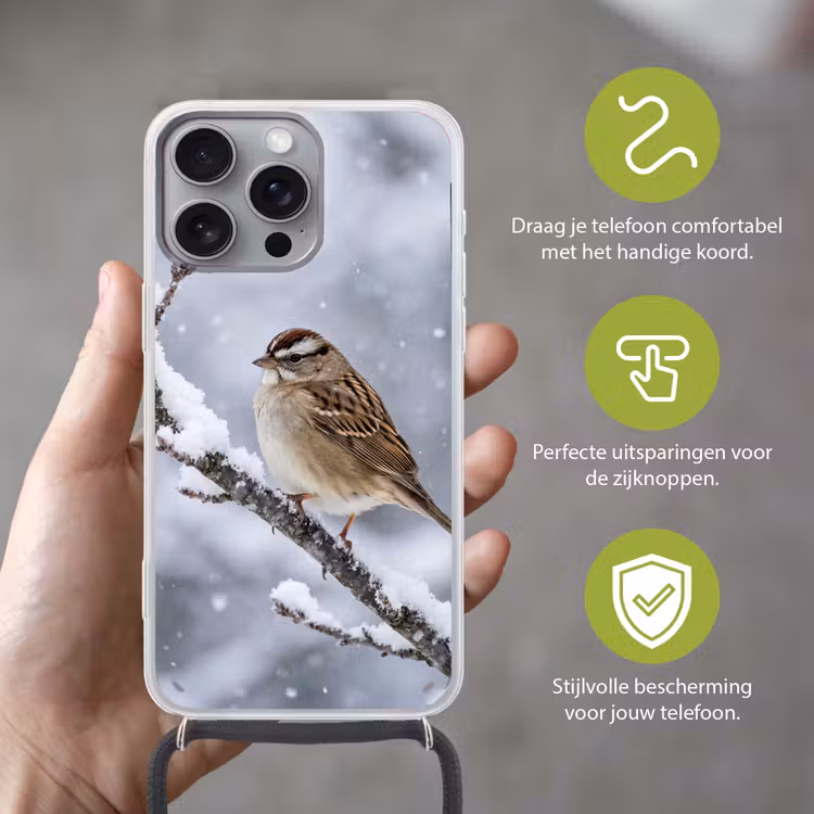 Vogel - Tak - Sneeuw - Winter Hoesje iPhone 16 Pro Max met koord klein -sfeer2_NL
