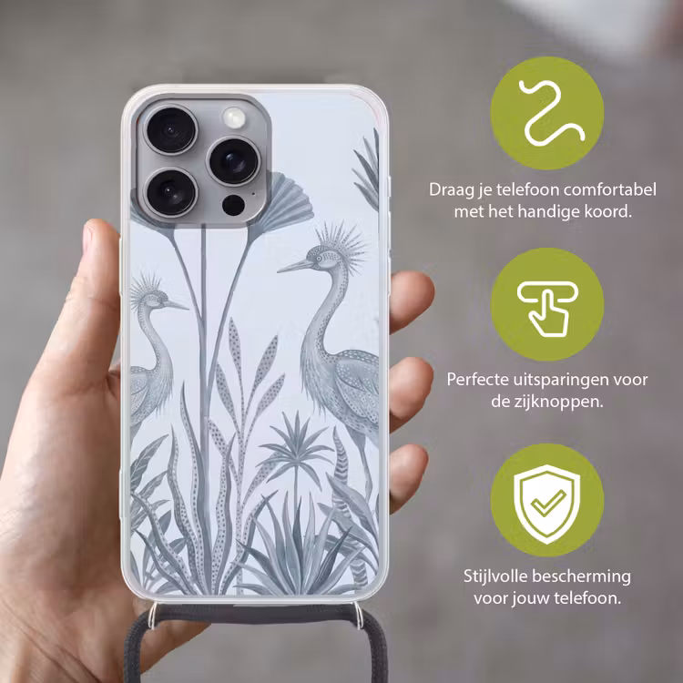Vogel - Tropisch - Illustratie - Blauwgrijs - Natuur Hoesje iPhone 16 Pro Max met koord klein -sfeer2_NL