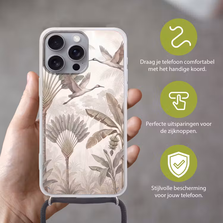 Vogel - Tropisch - Jungle - Natuur - Beige Hoesje iPhone 16 Pro Max met koord klein -sfeer2_NL