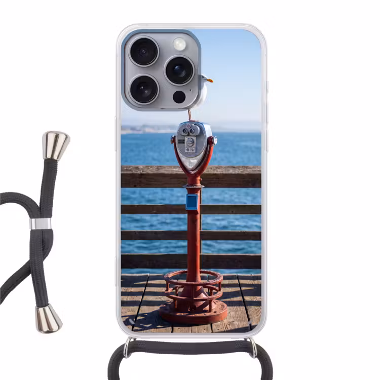 Vogel - Verrekijker - Kust - Zee - Blauw Hoesje iPhone 16 Pro Max met koord klein -3d