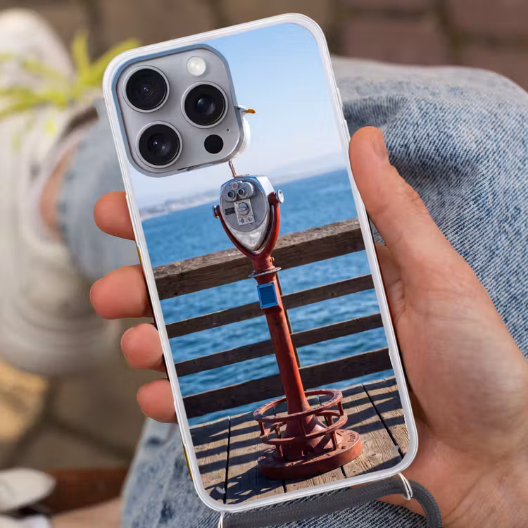 Vogel - Verrekijker - Kust - Zee - Blauw Hoesje iPhone 16 Pro Max met koord klein -sfeer3