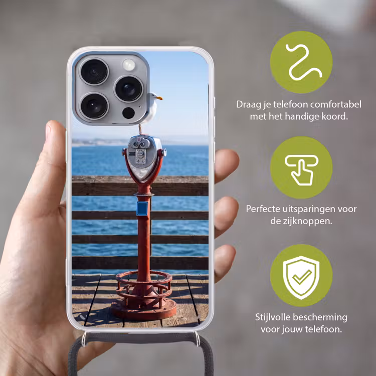 Vogel - Verrekijker - Kust - Zee - Blauw Hoesje iPhone 16 Pro Max met koord klein -sfeer2_NL