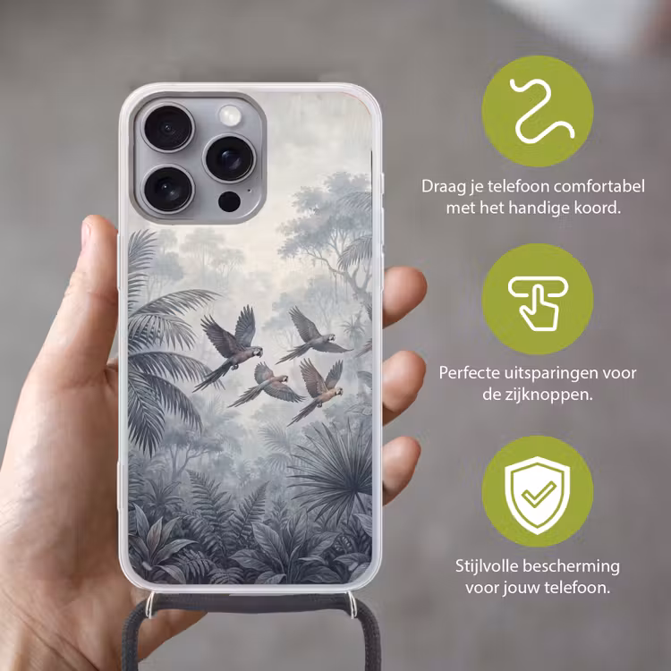 Vogel - Vliegend - Jungle - Vintage - Dieren Hoesje iPhone 16 Pro Max met koord klein -sfeer2_NL