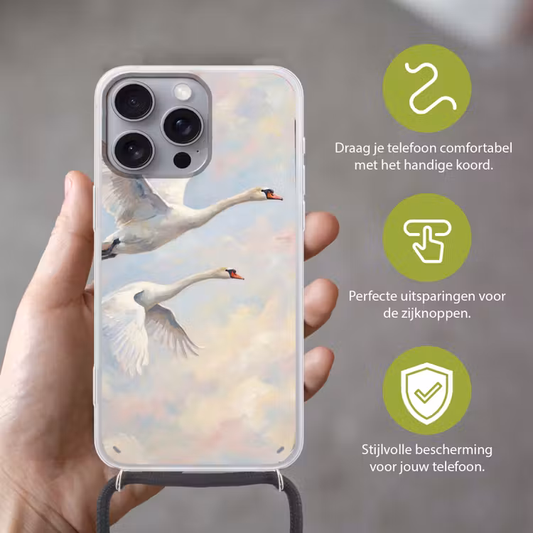 Vogel - Vliegend - Lucht - Modern - Pastel Hoesje iPhone 16 Pro Max met koord klein -sfeer2_NL