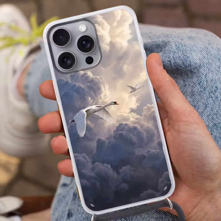 Vogel - Vliegend - Natuur - Wit - Wolken Hoesje iPhone 16 Pro Max met koord klein -sfeer3