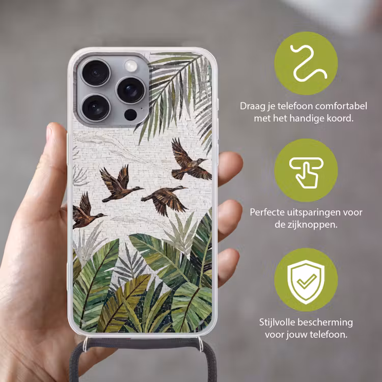 Vogel - Vliegend - Tropisch - Mozaïek - Groen Hoesje iPhone 16 Pro Max met koord klein -sfeer2_NL