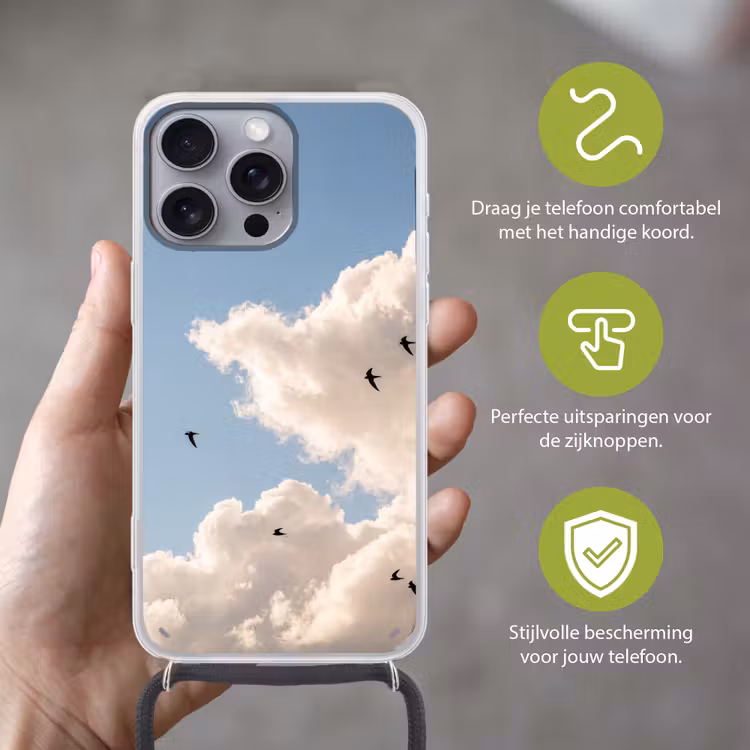 Vogel - Vlucht - Wolken - Natuur - Blauw Hoesje iPhone 16 Pro Max met koord klein -sfeer2_NL