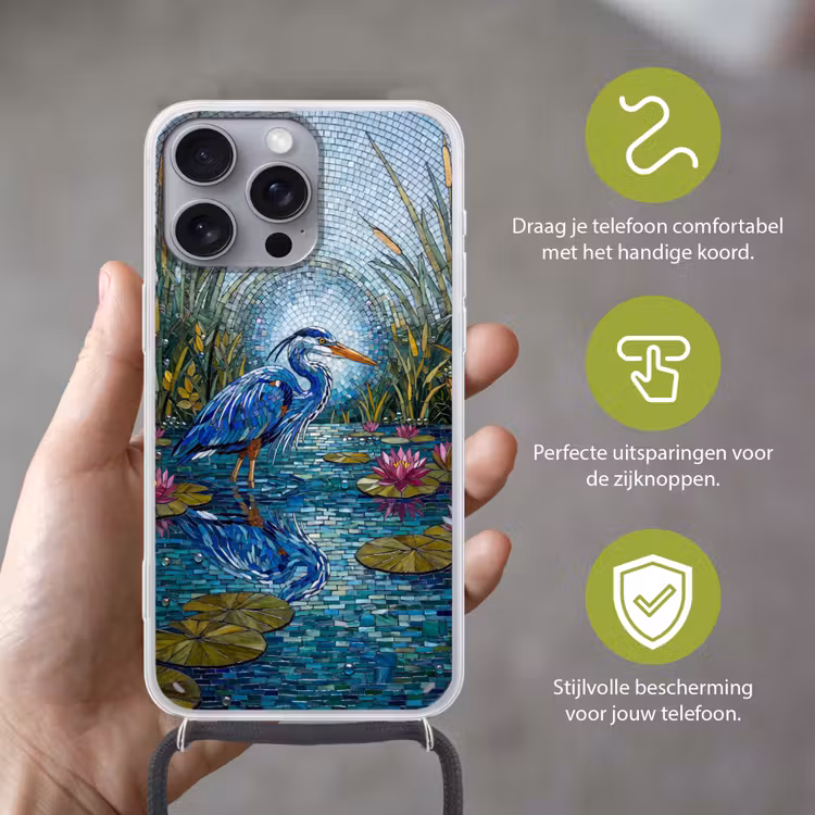 Vogel - Water - Natuur - Abstract - Blauw Hoesje iPhone 16 Pro Max met koord klein -sfeer2_NL