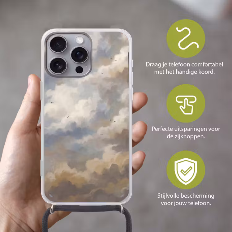 Vogel - Wolken - Natuur - Modern - Grijs Hoesje iPhone 16 Pro Max met koord klein -sfeer2_NL