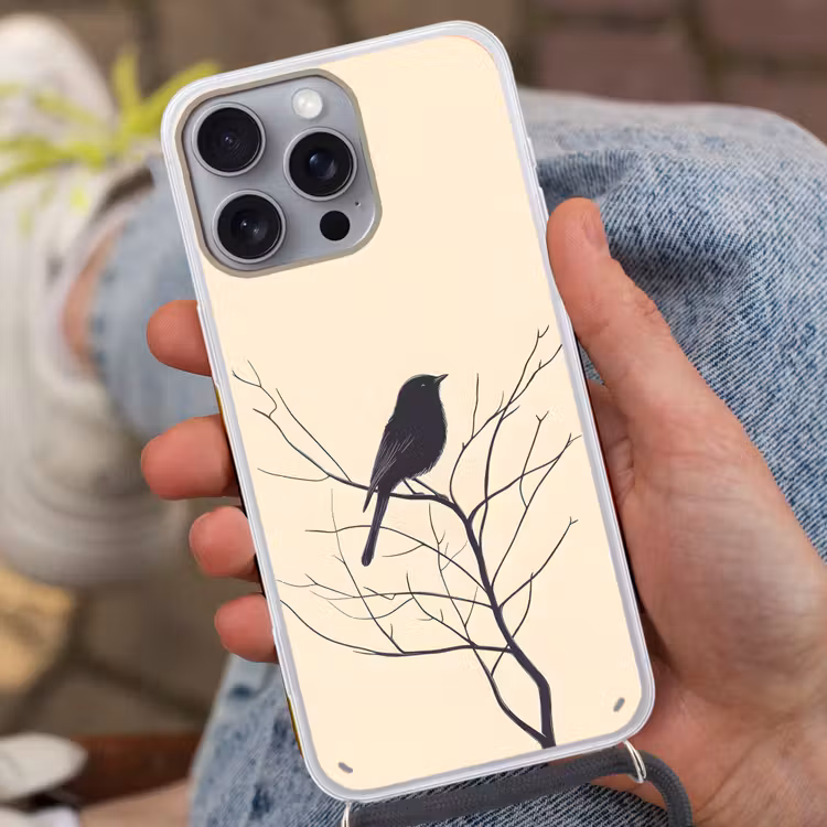 Vogel - Zwart - Tak - Minimalistisch Hoesje iPhone 16 Pro Max met koord klein -sfeer3