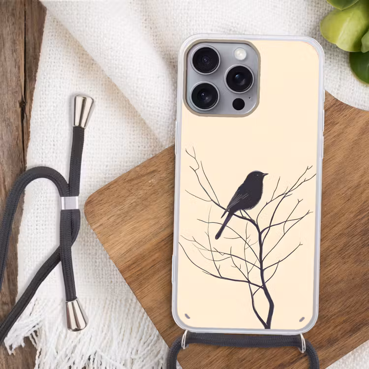 Vogel - Zwart - Tak - Minimalistisch Hoesje iPhone 16 Pro Max met koord klein -sfeer4
