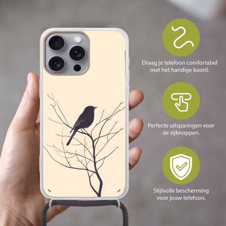 Vogel - Zwart - Tak - Minimalistisch Hoesje iPhone 16 Pro Max met koord klein -sfeer2_NL