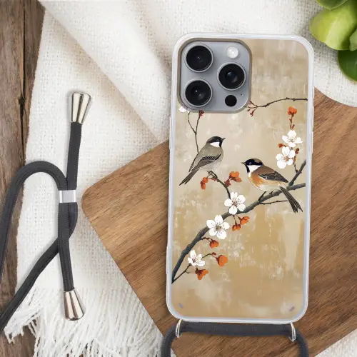 Vogels - Bloesemtak - Bloemen - Oranje Hoesje iPhone 16 Pro Max met koord klein -sfeer4