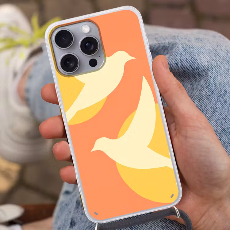 Vogels - Cirkels - Geel Hoesje iPhone 16 Pro Max met koord klein -sfeer3