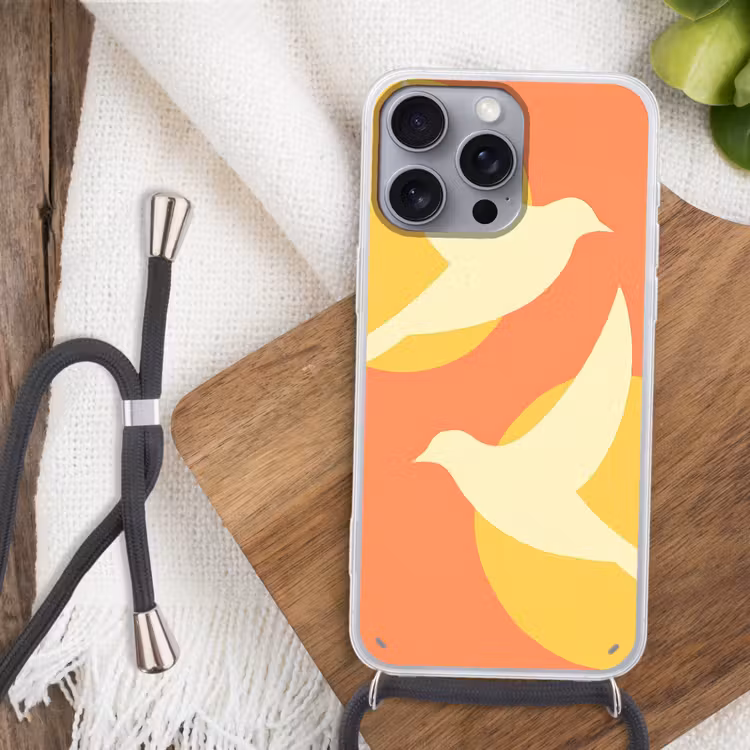 Vogels - Cirkels - Geel Hoesje iPhone 16 Pro Max met koord klein -sfeer4