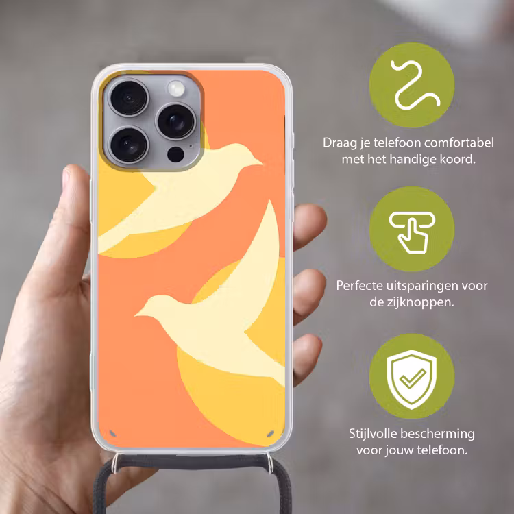 Vogels - Cirkels - Geel Hoesje iPhone 16 Pro Max met koord klein -sfeer2_NL